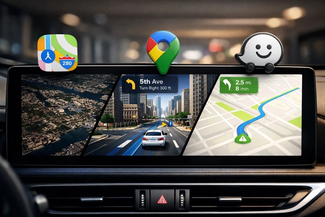 Melhor aplicativo de mapeamento CarPlay de 2026: Google vs. Apple e Waze.