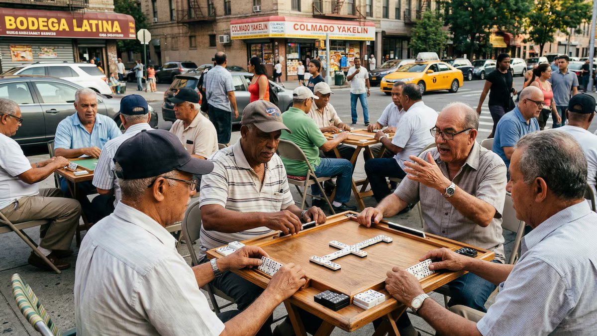 Cubanos e dominicanos jogam dominó nas calçadas do Bronx quando chega a primavera