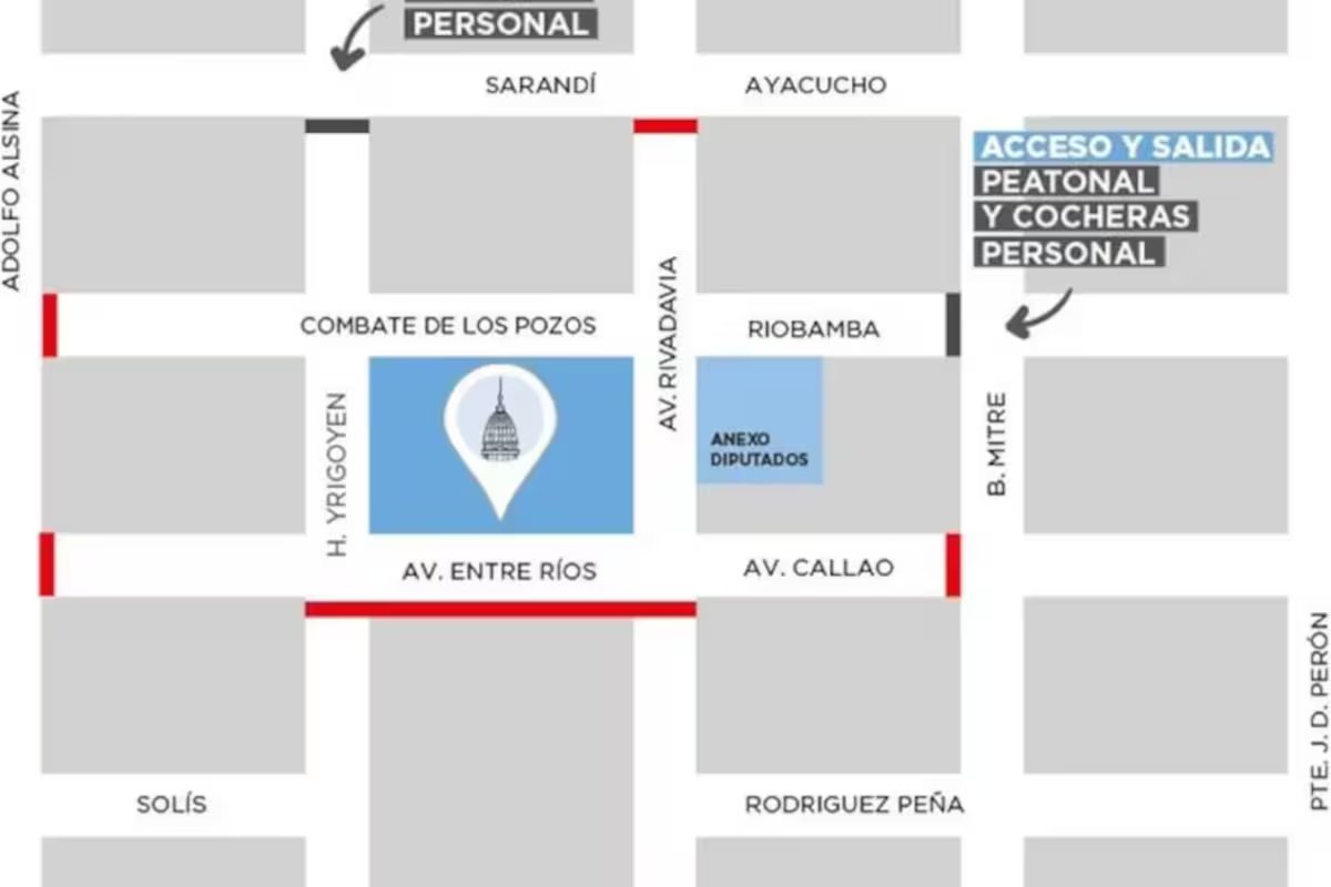 Mapa dos trechos e ruas afetados pela apresentação de Manuel Adorni no Congresso