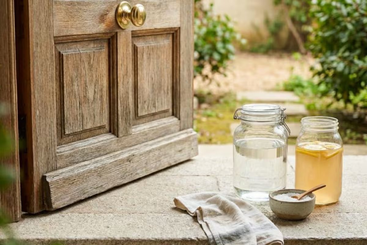 Quais são os benefícios de limpar a porta da frente com água, vinagre e sal?