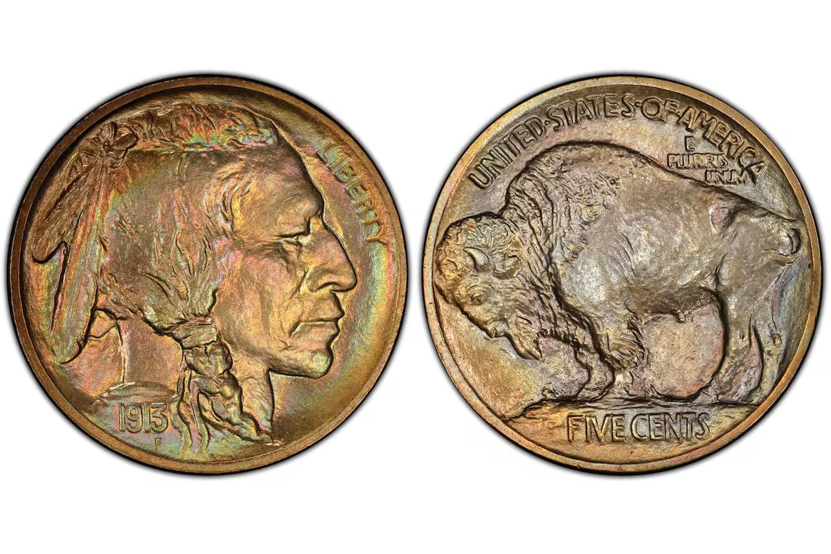Detalhe da moeda de cinco centavos de Buffalo que pode aumentar seu valor para US$ 100 mil