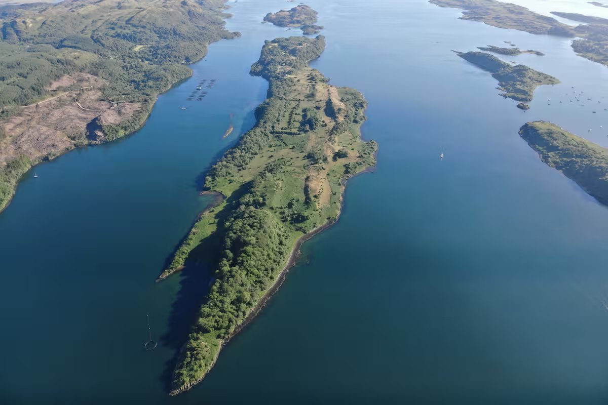 Onde e o que está à venda a ilha com 100 ovelhas, um hangar de helicópteros e dois fortes da Idade do Ferro?