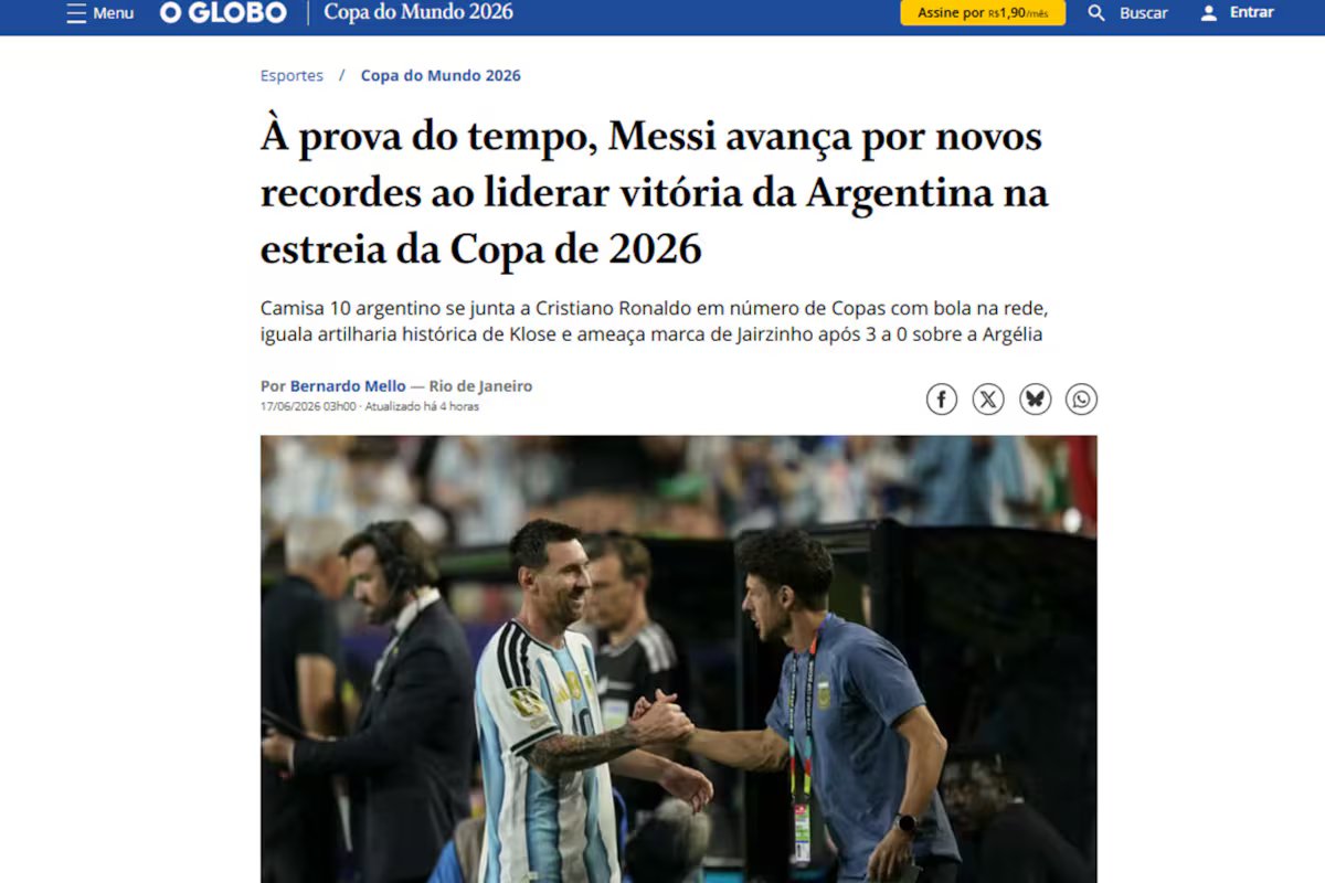 Copa do Mundo de 2026: mídia internacional reage ao desempenho de Messi contra a Argélia