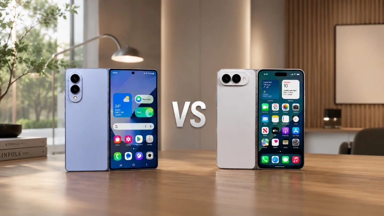 Galaxy Z Fold 8 Wide e iPhone Fold: comparação de design de 2026