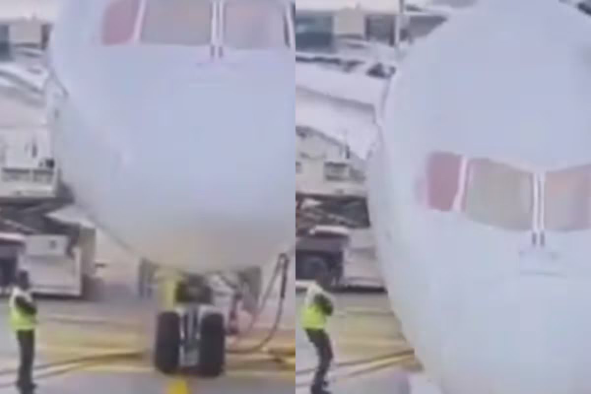 No exato momento, a parte frontal do avião desabou no aeroporto de Frankfurt quando estava prestes a decolar