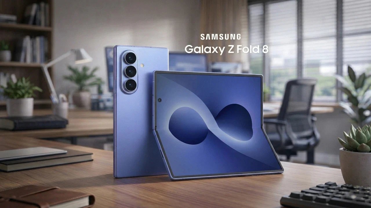 O Galaxy Z Fold 8 Wide apresenta um design estilo passaporte